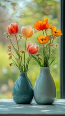 Poster - Fresh flowers in blue glass vases capture sunlight in a tranquil indoor setting