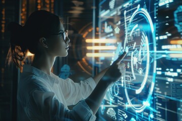 software developer touching virtual augmented reality user interface screen