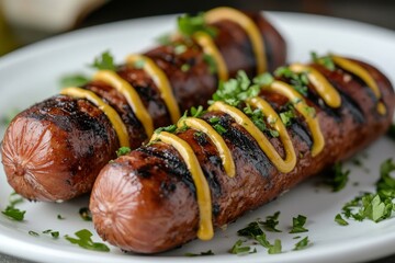 Sticker - Grilled sausages topped with mustard and fresh herbs on a white plate