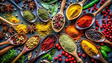 Vibrant spices and herbs colorful powders in spoon