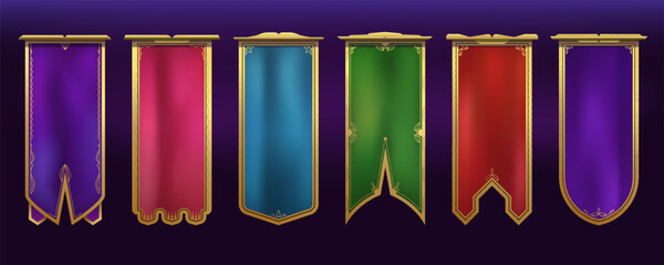 Set of flags with heraldry elements in medieval or fantasy style. Vector flag template with decorative pattern and ornament. Bright canvas with golden frame. Vertical folded fabric isolated flag.