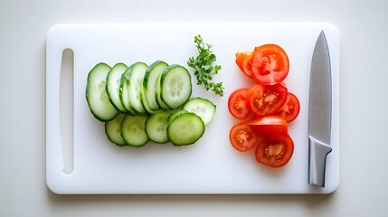 Canvas Print - Sliced cucumbers and tomatoes arranged on a white cutting board with a knife. Fresh, healthy ingredients, perfect for a salad or snack. Minimalist food photography.