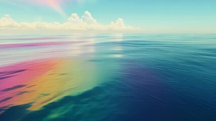 Wall Mural - calm ocean surface mirroring vibrant rainbow across cloudy sky, creating serene panoramic seascape w