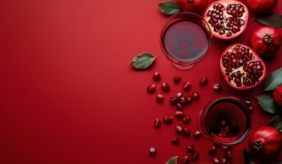 Canvas Print - Rich red pomegranate juice served in glasses with fresh pomegranates and vibrant red background