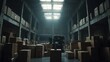 © slamet - Gloomy Warehouse Interior: A Stack of Cardboard Boxes Under Dim Lighting