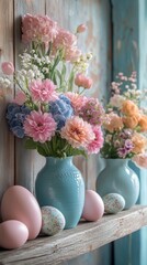 Wall Mural - Colorful spring flowers in vases alongside decorative eggs on a rustic wooden shelf