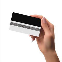 An elegant female hand holding a credit card with a black and white design against a white background.