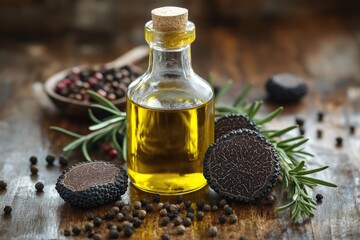 Wall Mural - A bottle of olive oil and a spoon of peppercorns on a table