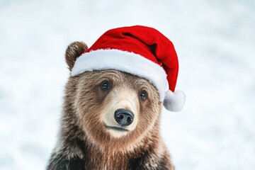 Wall Mural - A brown bear dressed up as Santa Claus standing in snowy surroundings