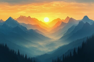 Poster - Sunrise over the mountain peaks with misty valleys in a serene landscape