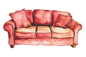 Wall Mural - A watercolor illustration of a comfortable couch with plush pillows, great for interior design or home decor concepts