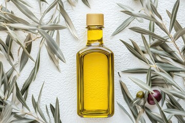 Wall Mural - A bottle of olive oil placed near some fresh olives, perfect for cooking or garnishing dishes