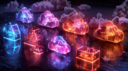 Wall Mural - Design a series of neon cloud computing symbols, including shining