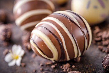 Wall Mural - Close-up shot of chocolate-covered eggs on a table, perfect for Easter or spring-themed content