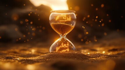 Hourglass filled with sand, set against a sunset backdrop, with illuminated particles resembling data or code swirling around it