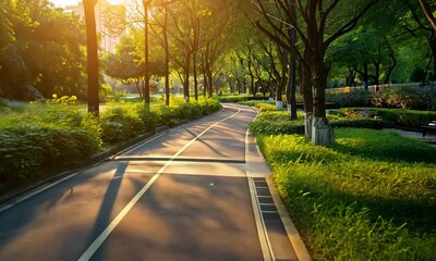 Wall Mural - serene park pathway with lush greenery and morning sunlight