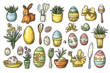 Wall Mural - A collection of different Easter egg designs, including plastic, chocolate, and wooden eggs