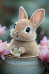 Wall Mural - Small rabbit surrounded by colorful flowers in a decorative bowl