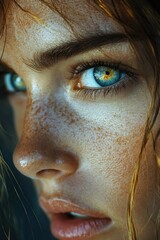 Wall Mural - Close-up portrait of a woman with freckles, suitable for use in personal or commercial projects