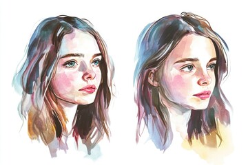 Two watercolor portraits of a woman with long hair, ideal for use in editorial or advertising contexts