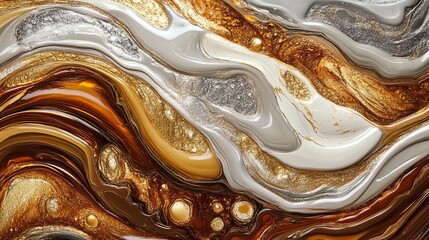 Wall Mural - swirling, glossy waves in rich gold, brown, and silver tones. a luxurious 3d liquid background perfe