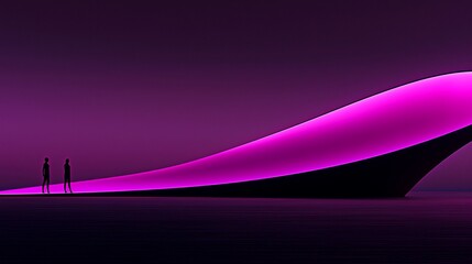 Canvas Print - silhouetted figures observe a glowing, curved structure at night.