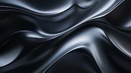 Wall Mural - An abstract panorama of black and gray satin fabric, with a luxurious, shiny texture. The soft, flowing waves and blurred patterns create an elegant, silky cloth background.