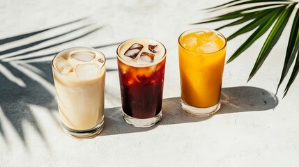 Wall Mural - An assortment of iced coffee drinks, including espresso tonic, iced mocha, and latte, arranged on a white concrete surface with palm shadows. A minimalist summer composition perfect for a coffee menu.