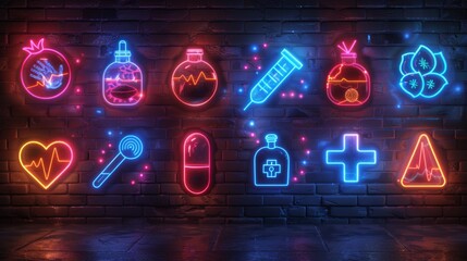 Wall Mural - Design a collection of neon sports medicine symbols, including shining