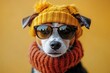 © Ева Поликарпова - A playful dog wearing sunglasses and a knitted hat, perfect for casual occasions or pet photography