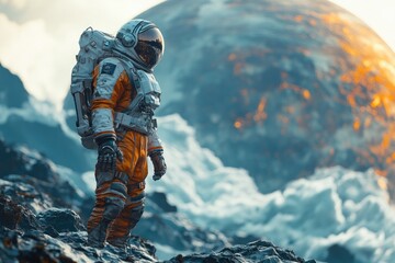 Wall Mural - astronaut standing near planet, possible space exploration scene