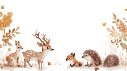 Poster - Forest animals gather in autumn setting, displaying harmony and nature’s beauty among fallen leaves and gentle surroundings. Generative AI