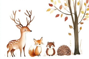 Poster - Colorful forest animals gather in a tranquil setting beneath a tree surrounded by autumn leaves. Generative AI