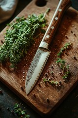 A cutting board with a knife and various herbs, suitable for cooking or food preparation