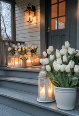 Poster - Beautiful spring porch with white tulips and glowing lanterns at dusk