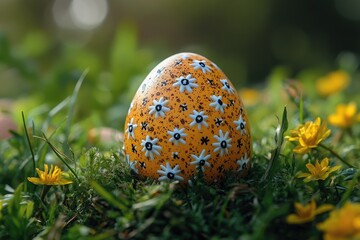 Wall Mural - A decorated Easter egg sits among lush green grass