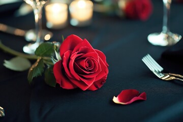 Wall Mural - A single red rose sits atop a table