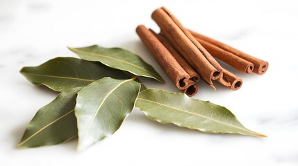 Canvas Print - Close-up of cinnamon sticks and bay leaves on a white marble surface. Aromatic spices perfect for cooking and baking. Natural ingredients with warm tones.