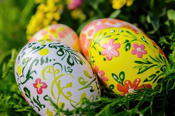 Wall Mural - Three colorful Easter eggs sit on a green grassy surface, decorated with various designs and patterns