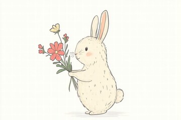 Poster - Cuddly rabbit holding a colorful bouquet of flowers with plenty of space for personal messages or designs. Generative AI