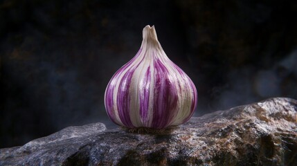 Poster - Unique striped garlic bulb with vibrant colors against a dark background