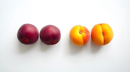 Wall Mural - Two dark red plums and two ripe yellow apricots arranged in a row on a white background.  A simple, clean image showcasing fresh fruit.