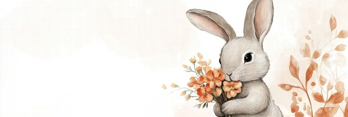 Poster - Cuddly rabbit holding a bouquet of flowers in a soft pastel background for creative mock up text placement. Generative AI