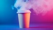 © heinng - Close-up Photo: Steaming Coffee Cup Mysteriously Illuminated in Vivid Neon Hues. AI Generated