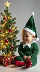 Wall Mural - Adorable baby elf enjoys christmas by decorated tree with gifts