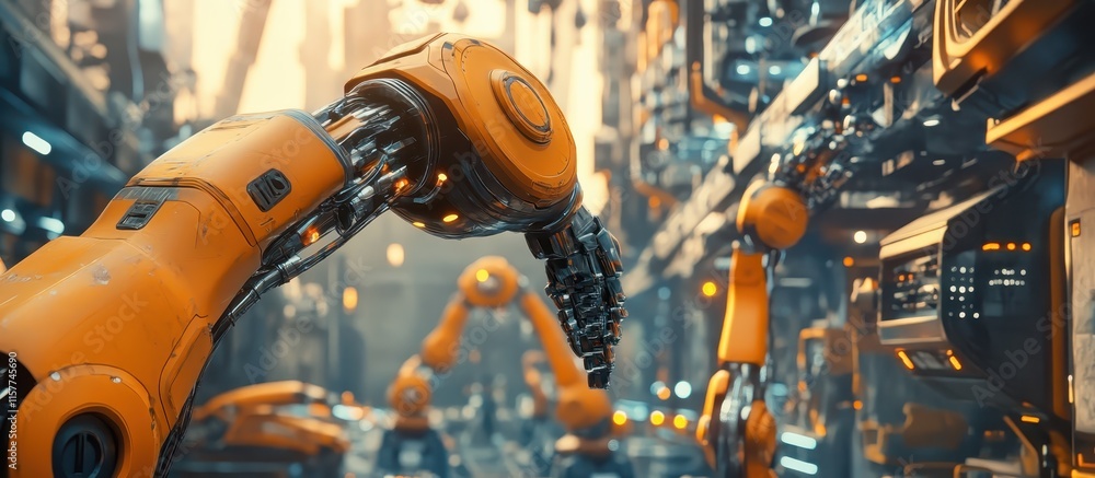 industrial robot arm in the foreground and a futuristic factory with ...