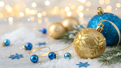 Festive holiday background featuring glittering gold baubles and scattered blue ornaments with glowing bokeh lights, ideal for Christmas banners, web headers, and seasonal designs.