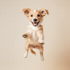 Poster - Joyful puppy jumping in mid air with happy expression and plenty of space for text in a light beige background. Generative AI