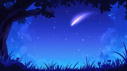 Wall Mural - Starry Night Sky with Comet and Silhouette of Trees in Vivid Colors
