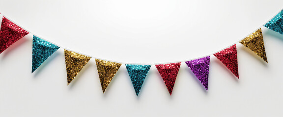  Multicolor triangular bunting party decoration, glossy and reflective material with subtle glitter highlights